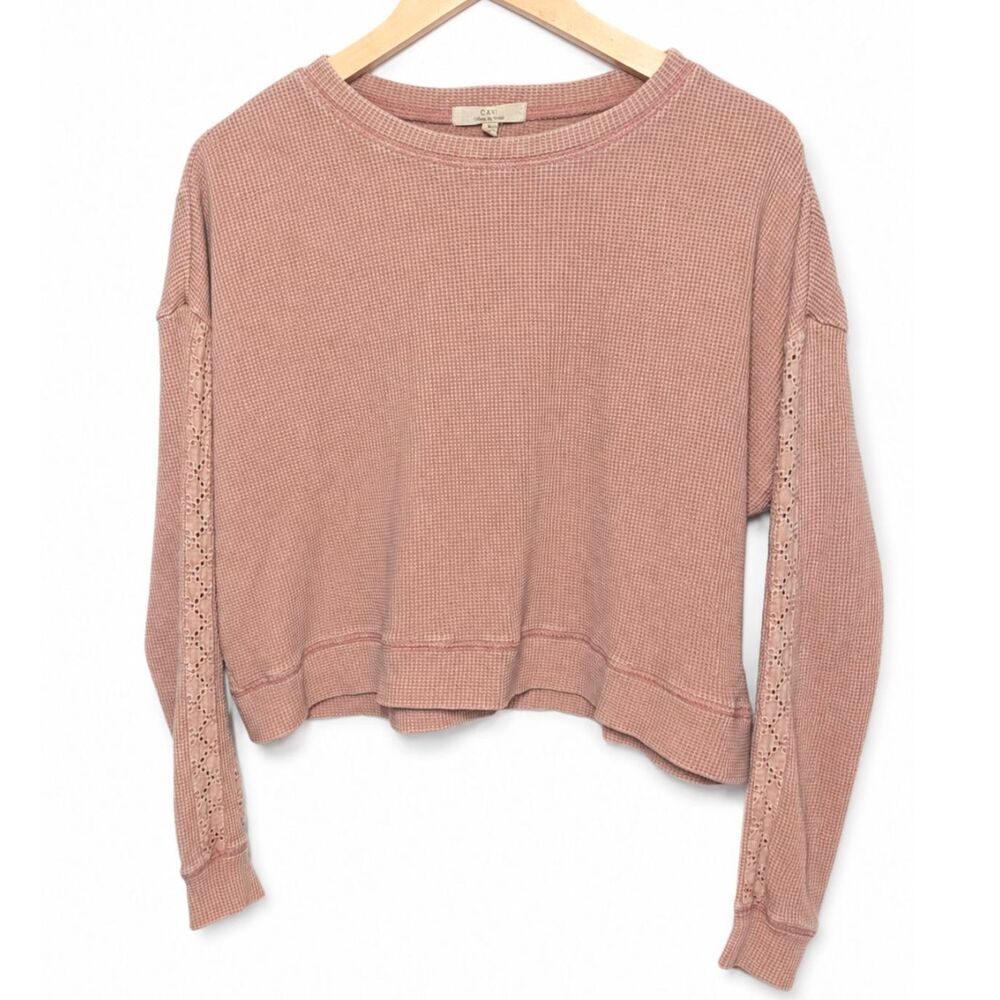 C&V Blush Pink Oversized Waffle Knit Cropped Sweatshirt S Eyelet Lace Sleeves